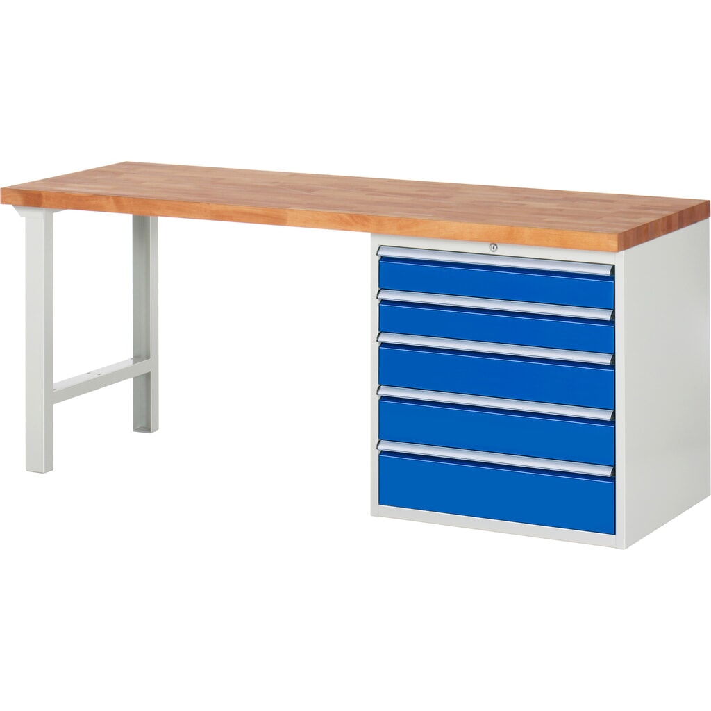 Pracovný stôl RAU série 7000, počet kontajnerov: 1, v × š × h 890 × 2 000 × 700 mm, 5 zásuv. s 100 % vysunutím, 2 × 120, 2 × 150, 1 × 180 mm, nosnosť zásuv. 100 kg Obrázok výrobku: Pracovný stôl RAU série 7000, počet kontajnerov: 1, v × š × h 890 × 2 000 × 700 mm, 5 zásuv. s 100 % vysunutím, 2 × 120, 2 × 150, 1 × 180 mm, nosnosť zásuv. 100 kg