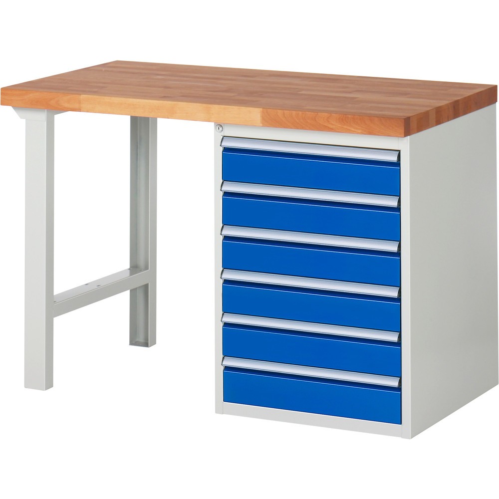 Číslo obrázka výrobku 1: Pracovný stôl RAU série 7000, počet kontajnerov: 1, v × š × h 890 × 1 250 × 700 mm, 6 zásuv. s 90 % vysunutím, 6 × 120 mm, nosnosť zásuv. 100 kg