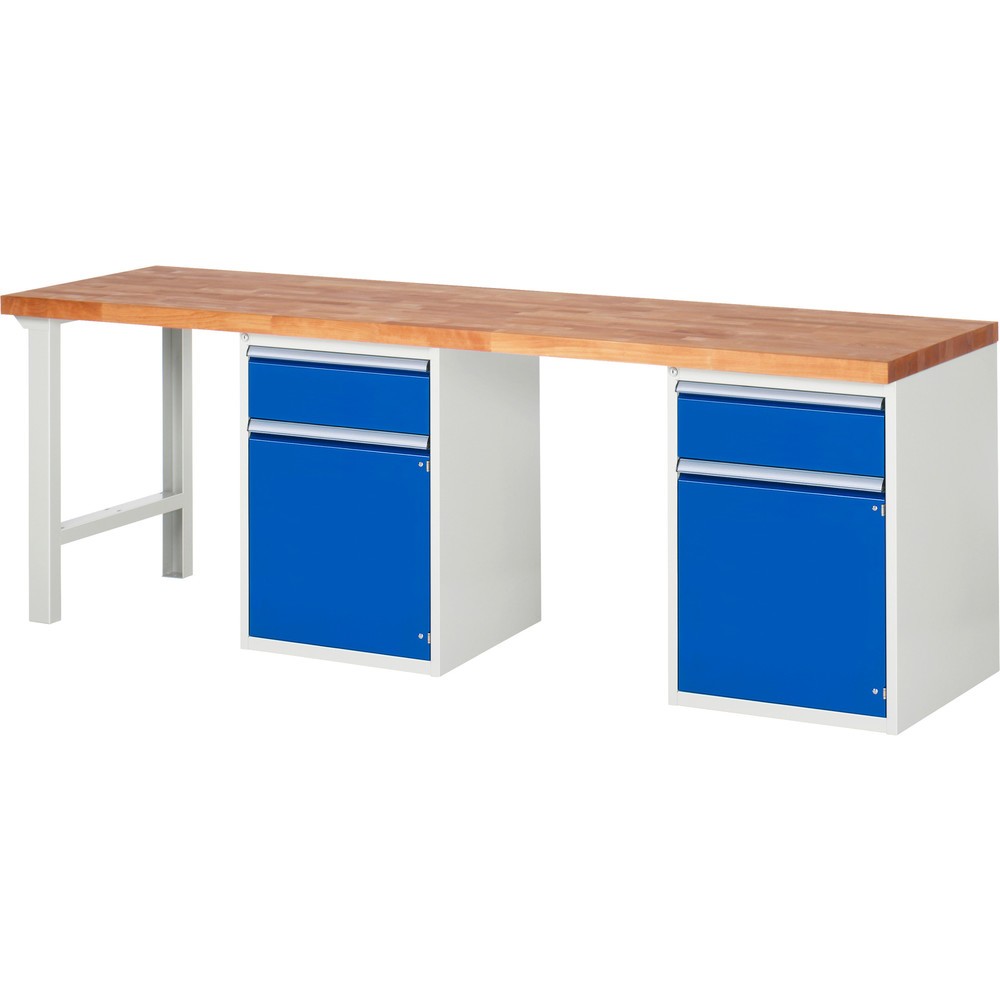 Obrázok výrobku: Pracovný stôl RAU série 7000, počet kontajnerov: 2, v × š × h 840 × 2 500 × 700 mm, 2 zásuv. 2 × 180 mm, 1 polica, 2 krídlové dvere