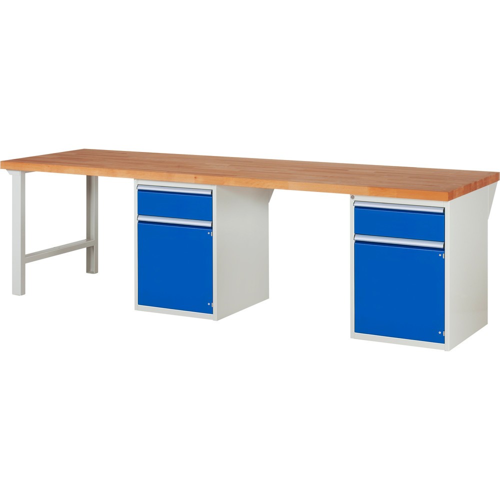 Číslo obrázka výrobku 1: Pracovný stôl RAU série 7000, počet kontajnerov: 2, v × š × h 890 × 3 000 × 900 mm, 2 zásuv. 2 × 180 mm, 1 polica, 2 krídlové dvere