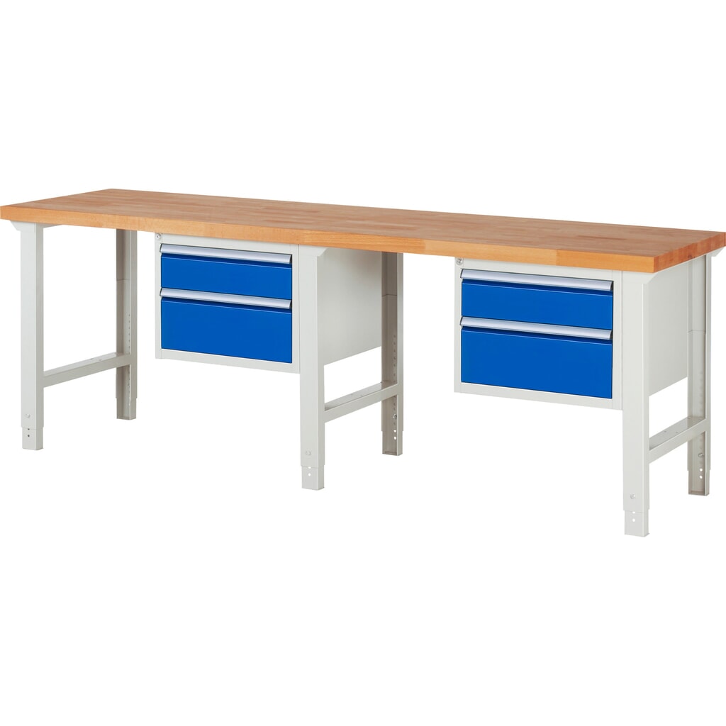 Číslo obrázka výrobku 1: Pracovný stôl RAU série 7000, počet kontajnerov: 2, v × š × h 790 – 1 140 × 2 500 × 700 mm, 4 zásuv. s 90 % vysunutím, 2 × 150 mm, 2 × 210 mm