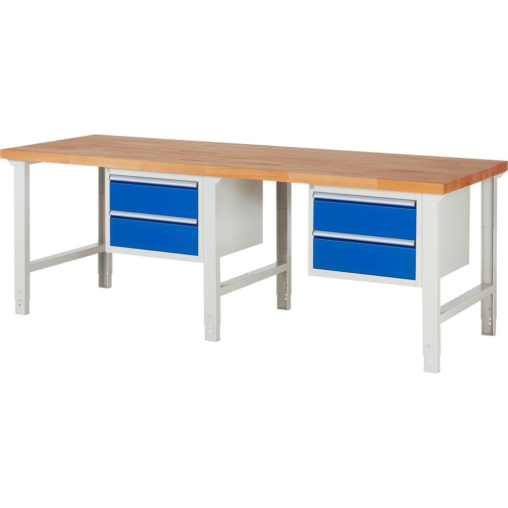 Číslo obrázka výrobku 1: Pracovný stôl RAU série 7000, počet kontajnerov: 2, v × š × h 790 – 1 140 × 2 500 × 900 mm, 4 zásuv. s 90 % vysunutím, 4 × 180 mm