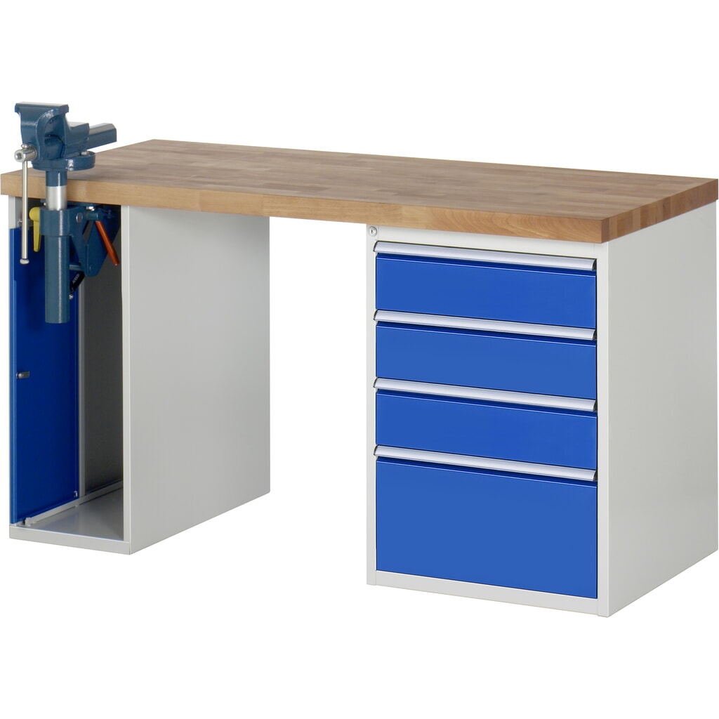 Pracovný stôl RAU série 7 000, v × š × h 890 × 1 500 × 700 mm, 1 podstavný kontajner, s 4 zásuvkami a spustiteľným zverákom Obrázok výrobku: Pracovný stôl RAU série 7 000, v × š × h 890 × 1 500 × 700 mm, 1 podstavný kontajner, s 4 zásuvkami a spustiteľným zverákom
