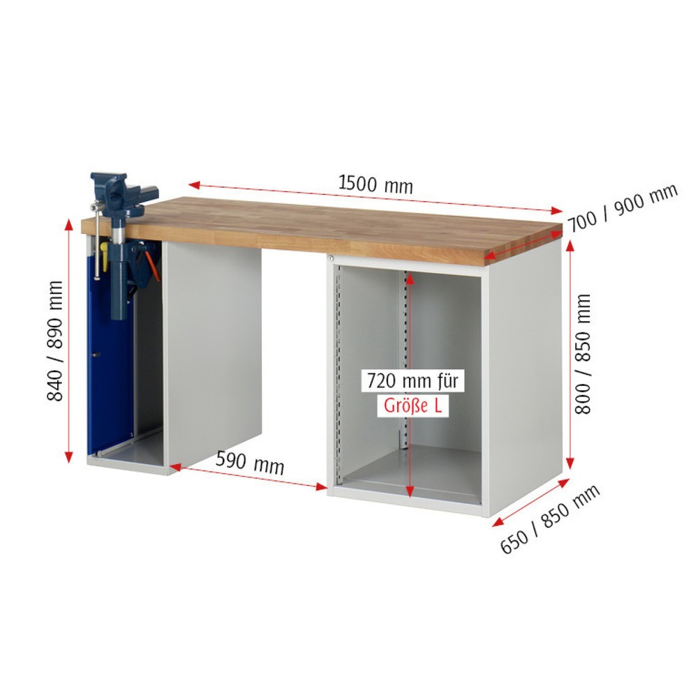 Číslo obrázka výrobku 6: Pracovný stôl RAU série 7000, počet kontajnerov: 2, v × š × h 890 × 1 500 × 700 mm, 5 zásuv., zverák