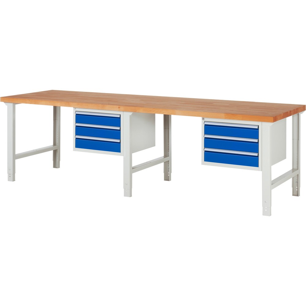 Číslo obrázka výrobku 1: Pracovný stôl RAU série 7000, počet kontajnerov: 2, v × š × h 790 – 1 140 × 3 000 × 900 mm, 6 zásuv. s 90 % vysunutím, 6 × 120 mm