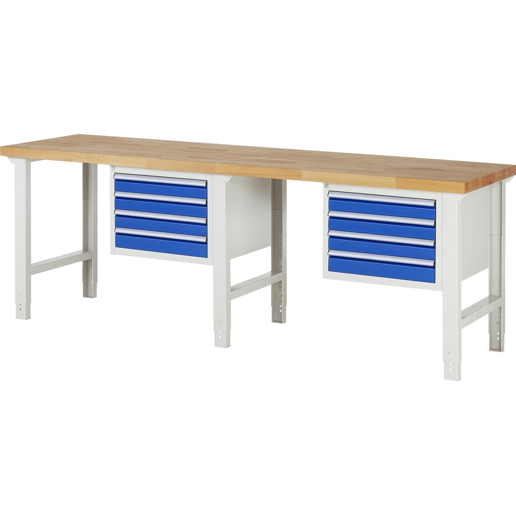 Pracovný stôl RAU série 7000, v × š × h 790 – 1 140 × 2 500 × 700 mm, 2 ks podstavných kontajnerov, každý s 4 zásuvkami Obrázok výrobku: Pracovný stôl RAU série 7000, v × š × h 790 – 1 140 × 2 500 × 700 mm, 2 ks podstavných kontajnerov, každý s 4 zásuvkami