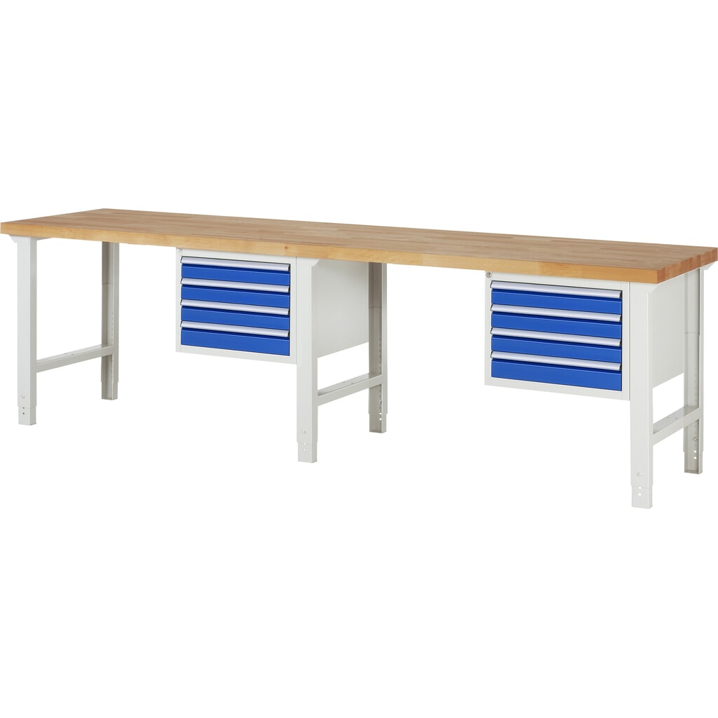 Obrázok výrobku: Pracovný stôl RAU série 7000, v × š × h 790 – 1 140 × 3 000 × 700 mm, 2 ks podstavných kontajnerov, každý s 4 zásuvkami