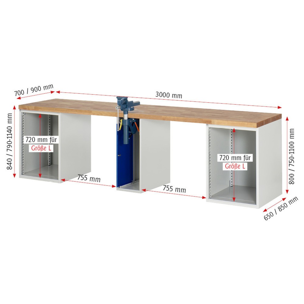 Číslo obrázka výrobku 5: Pracovný stôl RAU série 7000, počet kontajnerov: 3, v × š × h 890 × 3 000 × 700 mm, 8 zásuv., 6 × 150 mm, 2 × 270 mm