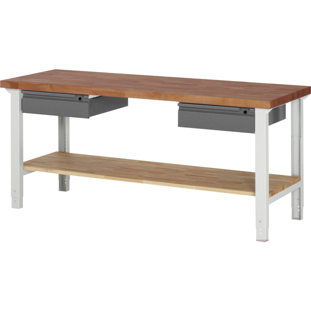 Číslo obrázka výrobku 1: Pracovný stôl RAU série 7000, pracovná doska z masívu buka lesného, 2 zásuv., 1 odkladacie dno z bukového masívu, v × š × h 790 – 1 140 × 2 000 × 700 mm, 2 zásuv.