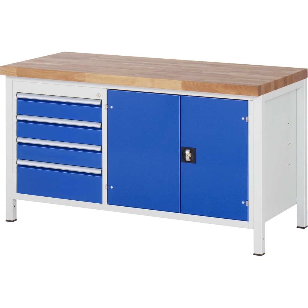 Číslo obrázka výrobku 1: Pracovný stôl RAU série 8 000, v × š × h 840 – 1 040 × 1 500 × 700 mm, 1 dvojitý podstavný kontajner, s 4 zásuvkami a 1 priečinkom na náradie