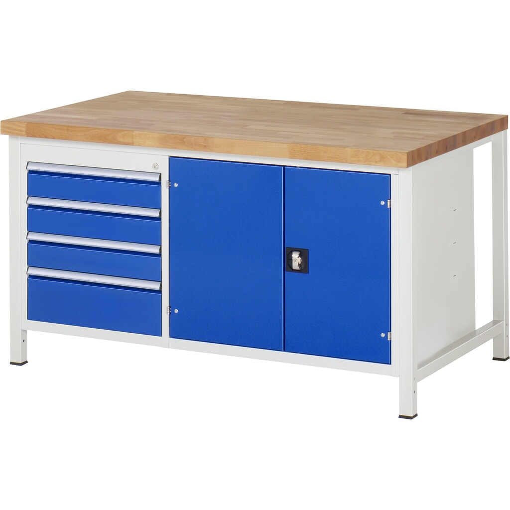 Obrázok výrobku: Pracovný stôl RAU série 8 000, v × š × h 840 – 1 040 × 1 500 × 900 mm, 1 dvojitý podstavný kontajner, s 4 zásuvkami a 1 priečinkom na náradie