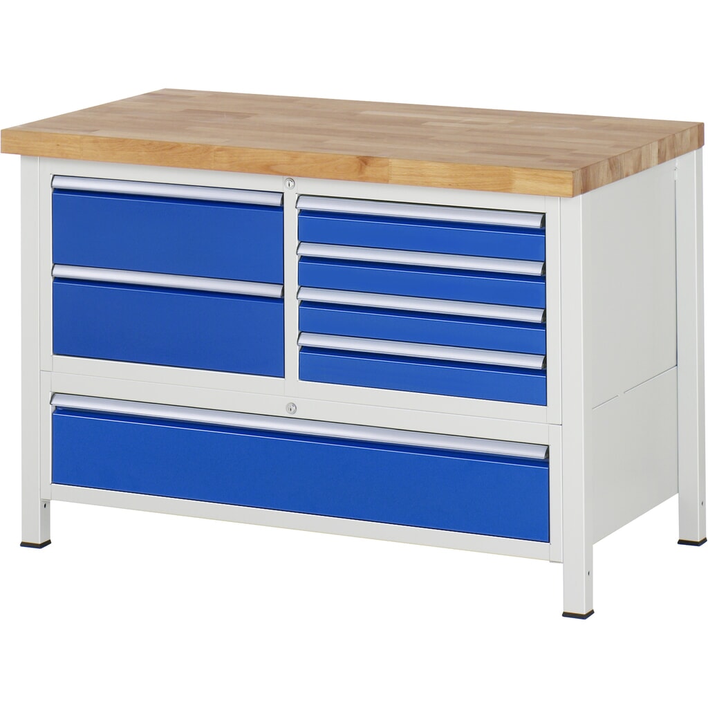 Pracovný stôl RAU série 8 000, v × š × h 840 – 1 040 × 1 250 × 700 mm, 1 trojitý podstavný kontajner, s 7 zásuvkami Číslo obrázka výrobku 1: Pracovný stôl RAU série 8 000, v × š × h 840 – 1 040 × 1 250 × 700 mm, 1 trojitý podstavný kontajner, s 7 zásuvkami