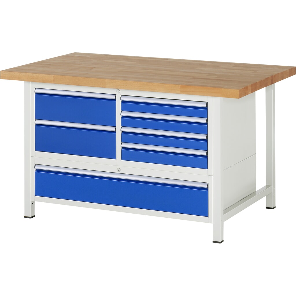 Pracovný stôl RAU série 8 000, v × š × h 840 – 1 040 × 1 500 × 900 mm, 1 trojitý podstavný kontajner, s 7 zásuvkami Obrázok výrobku: Pracovný stôl RAU série 8 000, v × š × h 840 – 1 040 × 1 500 × 900 mm, 1 trojitý podstavný kontajner, s 7 zásuvkami