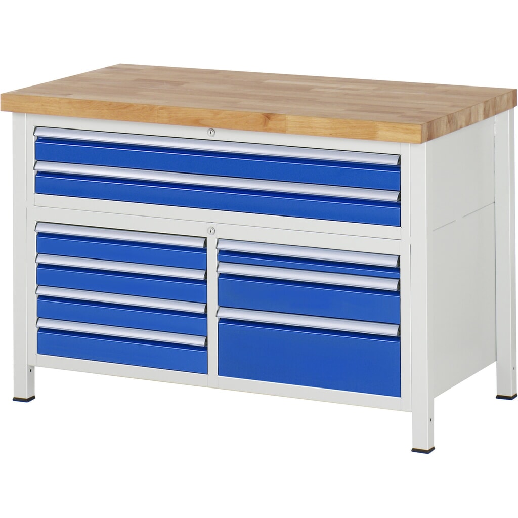 Číslo obrázka výrobku 1: Pracovný stôl RAU série 8000, 1 trojitý kontajner, v × š × h 840 – 1 040 × 1 250 × 700 mm, 7 L + 2 XXL zásuv., s 90 % vysunutím