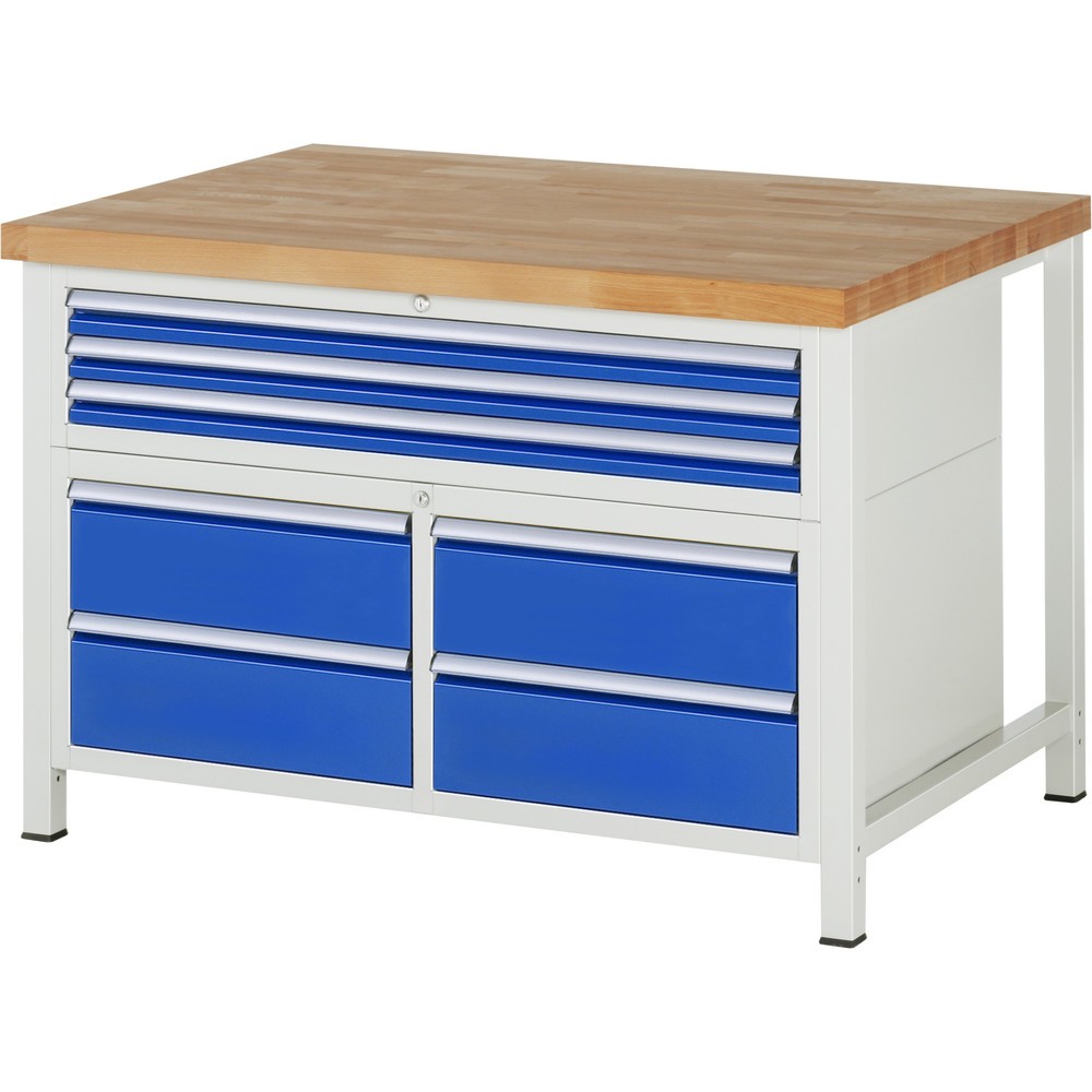 Obrázok výrobku: Pracovný stôl RAU série 8000, počet trojitých kontajnerov: 1, v × š × h 840 – 1 040 × 1 250 × 900 mm, 7 zásuv. so 100 % vysunutím, 3 × 60, 4 × 180 mm