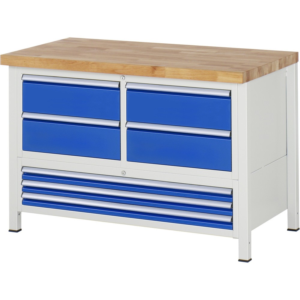 Číslo obrázka výrobku 1: Pracovný stôl RAU série 8000, 1 trojitý kontajner, v × š × h 840 – 1 040 × 1 250 × 700 mm, 7 zásuviek s 90 % vysunutím, 3 × 60, 4 × 180 mm