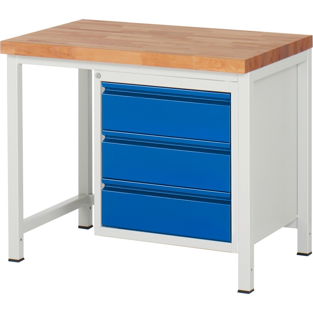 Obrázok výrobku: Pracovný stôl RAU série 8000, v × š × h 840 – 1 040 × 1 000 × 700 mm, 3 zásuv. s 90 % vysunutím, 3 × 180 mm
