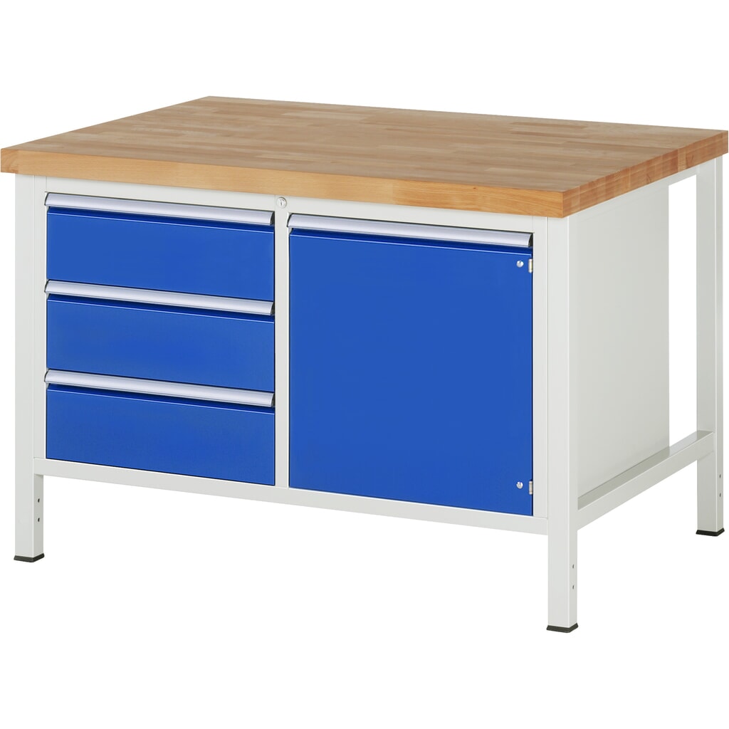 Obrázok výrobku: Pracovný stôl RAU série 8 000, v × š × h 840 – 1 040 × 1 250 × 900 mm, 1 dvojitý podstavný kontajner, s 3 zásuvkami a 1 krídlovými dverami