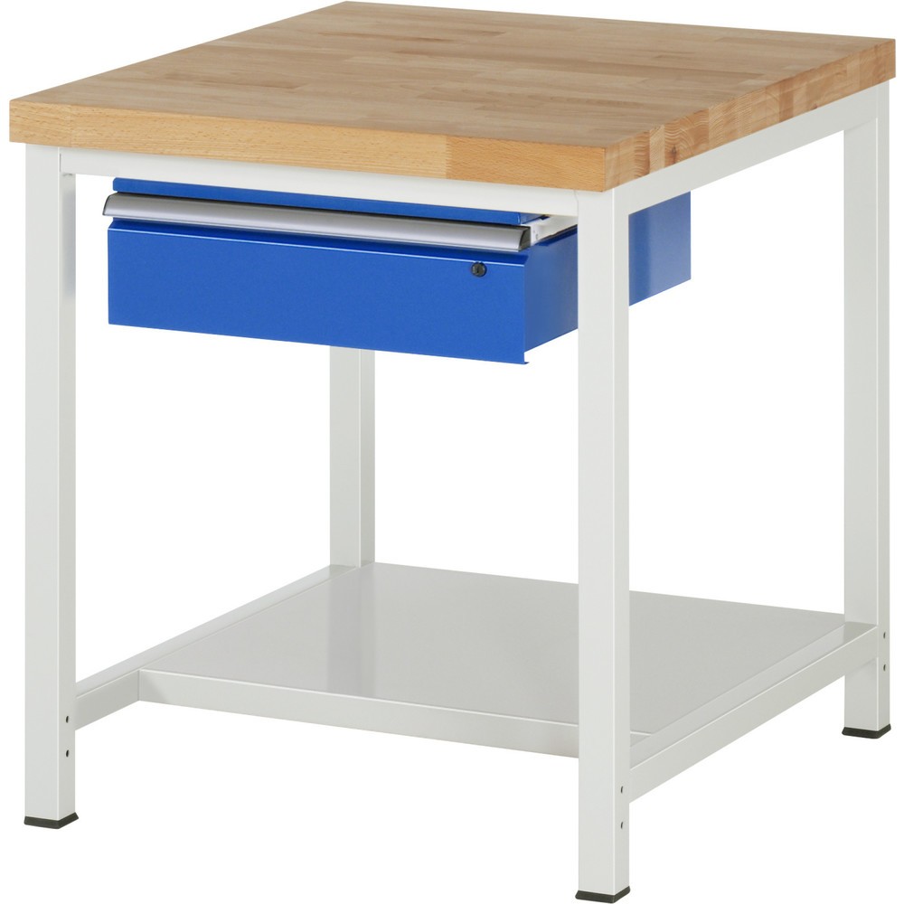 Obrázok výrobku: Pracovný stôl RAU série 8000, v × š × h 840 – 1 040 × 750 × 900 mm, 1 zásuvka, 1 odkladacie dno, hĺbka 650 mm
