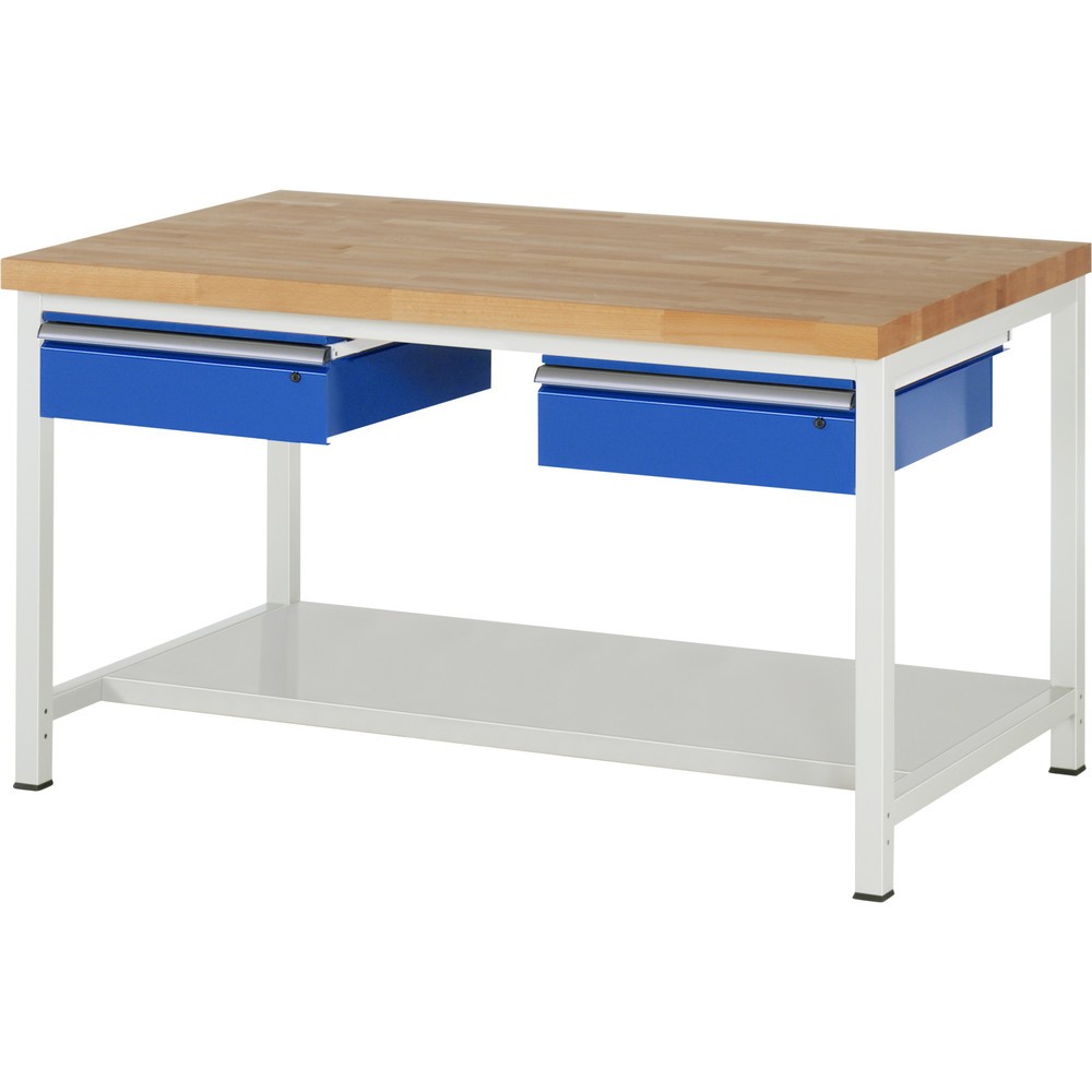Číslo obrázka výrobku 1: Pracovný stôl RAU série 8000, v × š × h 840 – 1 040 × 1 500 × 900 mm, 2 zásuv., 1 odkladacie dno, hĺbka 650 mm