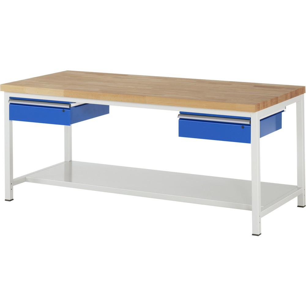 Číslo obrázka výrobku 1: Pracovný stôl RAU série 8000, v × š × h 840 – 1 040 × 2 000 × 900 mm, 2 zásuv., 1 odkladacie dno, hĺbka 650 mm