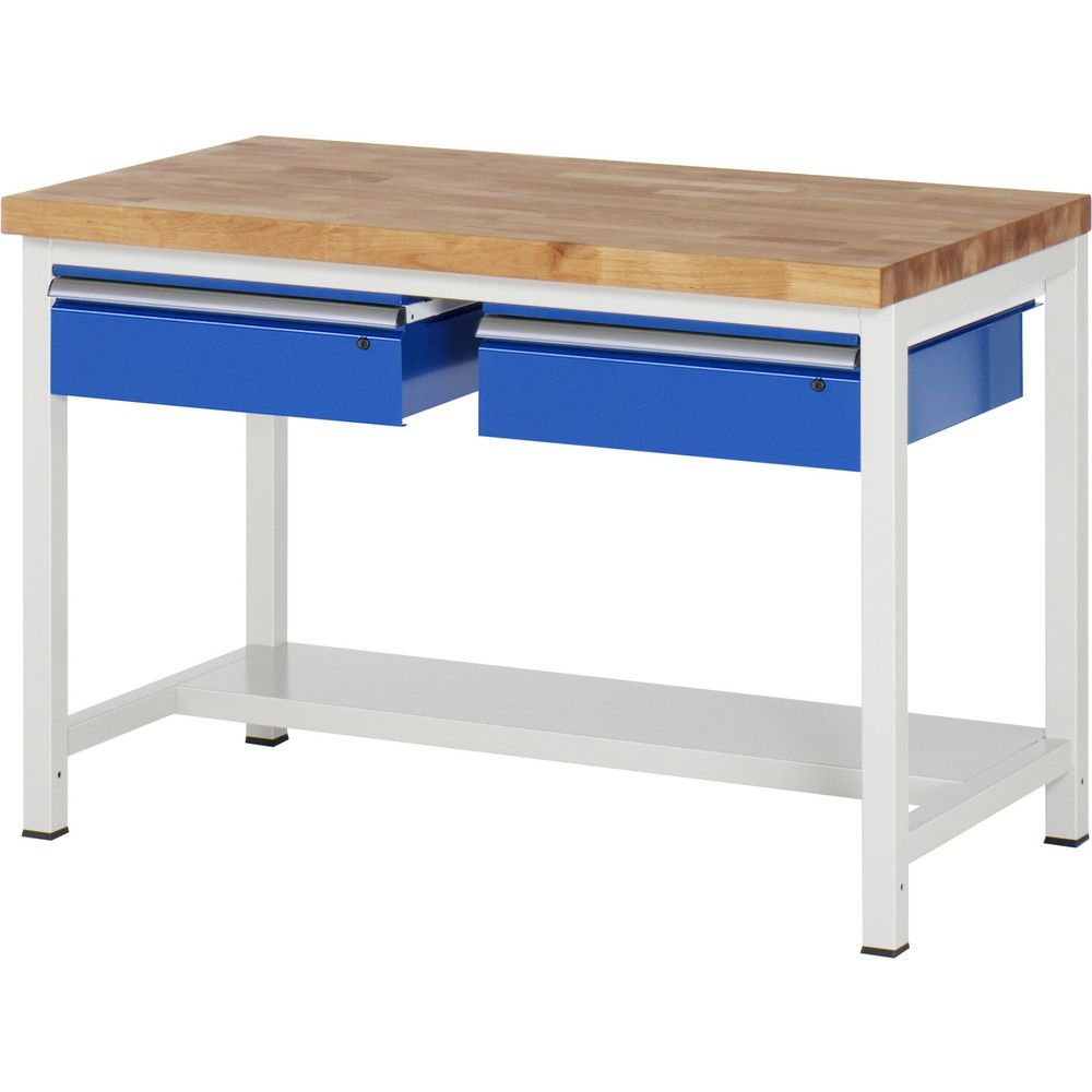 Číslo obrázka výrobku 1: Pracovný stôl RAU série 8000, v × š × h 840 – 1 040 × 1 250 × 700 mm, 2 zásuv., 1 odkladacie dno, hĺbka 320 mm