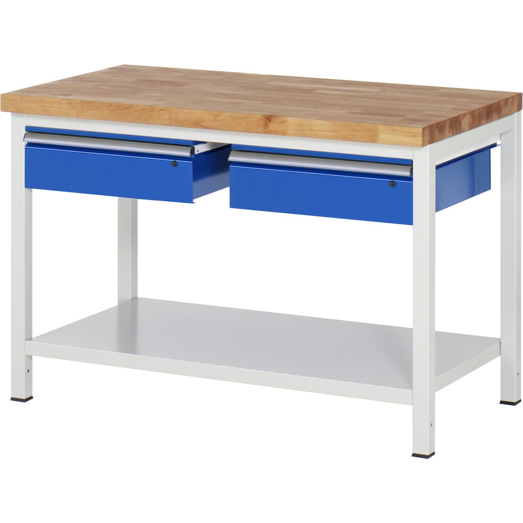 Číslo obrázka výrobku 1: Pracovný stôl RAU série 8000, v × š × h 840 × 1 250 × 700 mm, 2 zásuv., 1 odkladacie dno, hĺbka 650 mm
