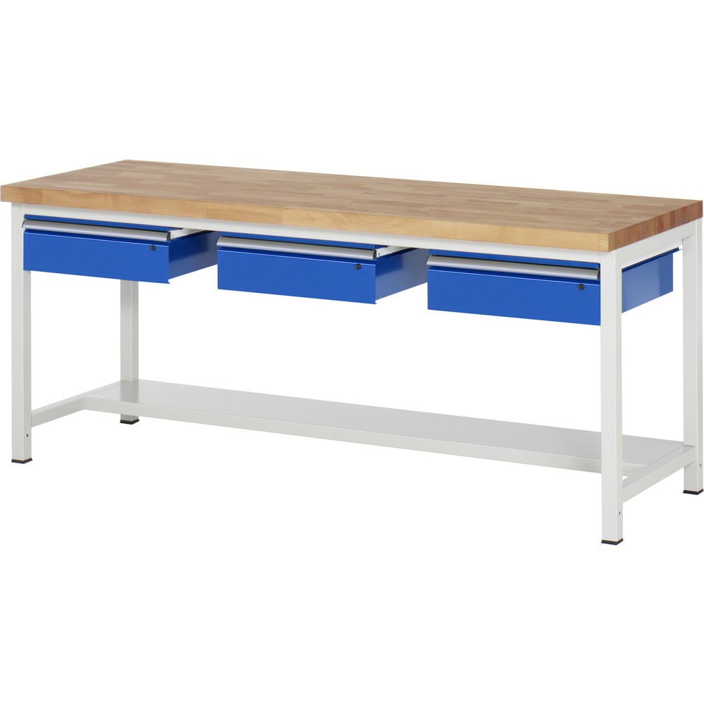 Obrázok výrobku: Pracovný stôl RAU série 8000, v × š × h 840 – 1 040 × 2 000 × 700 mm, 3 zásuv., 1 odkladacie dno, hĺbka 320 mm