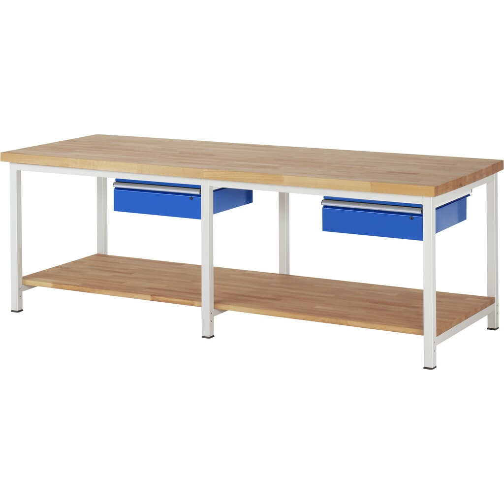 Číslo obrázka výrobku 1: Pracovný stôl RAU série 8 000, v × š × h 840 – 1 040 × 2 500 × 900 mm, 2 zásuvky, dolné odkladacie dno