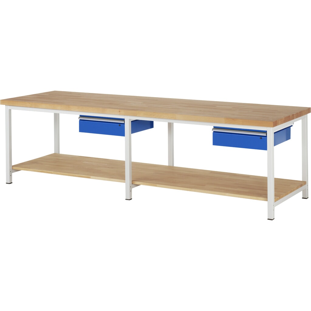Pracovný stôl RAU série 8 000, v × š × h 840 – 1 040 × 3 000 × 900 mm, 2 zásuvky, dolné odkladacie dno Obrázok výrobku: Pracovný stôl RAU série 8 000, v × š × h 840 – 1 040 × 3 000 × 900 mm, 2 zásuvky, dolné odkladacie dno