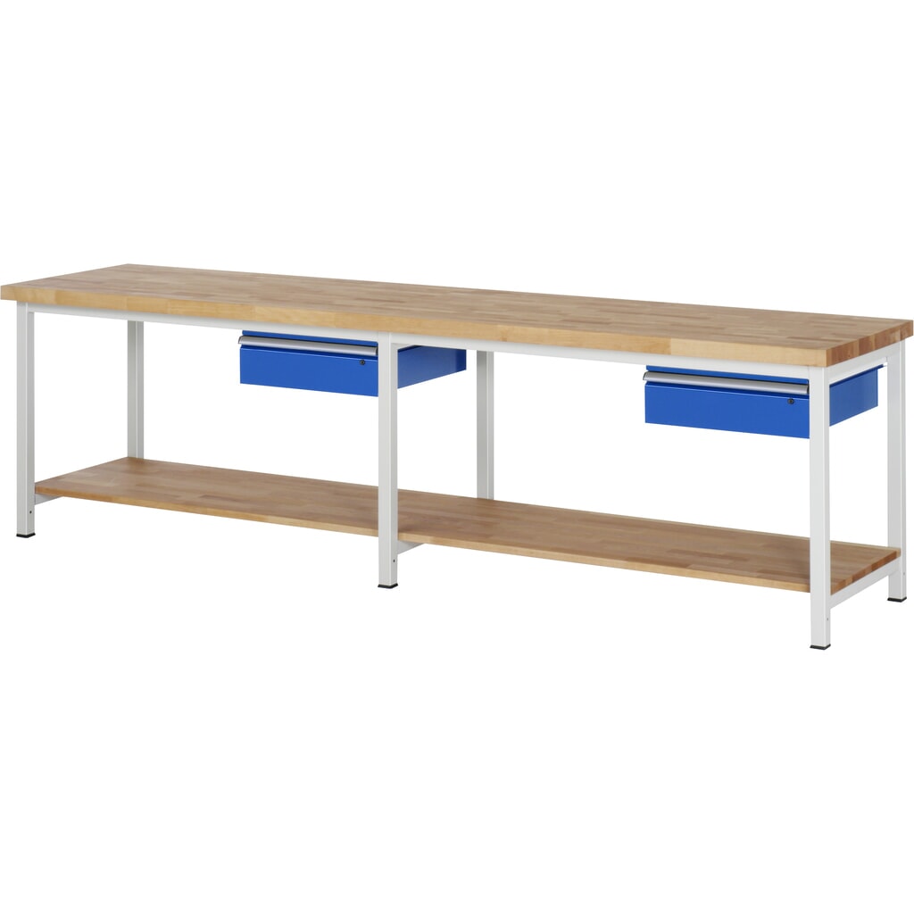 Obrázok výrobku: Pracovný stôl RAU série 8 000, v × š × h 840 – 1 040 × 3 000 × 700 mm, 2 zásuvky, dolné odkladacie dno