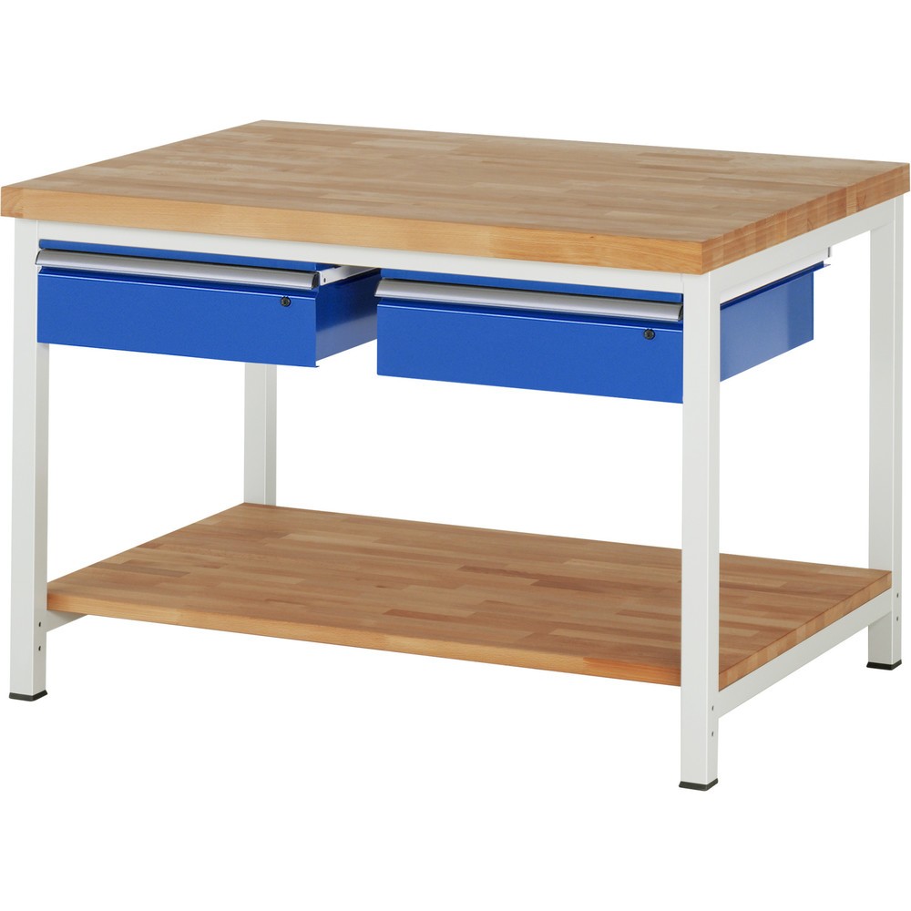 Číslo obrázka výrobku 1: Pracovný stôl RAU série 8000, v × š × h 840 – 1 040 × 1 250 × 900 mm, 2 zásuv., 1 odkladacie dno z bukového masívu, s hĺbkou 757 mm