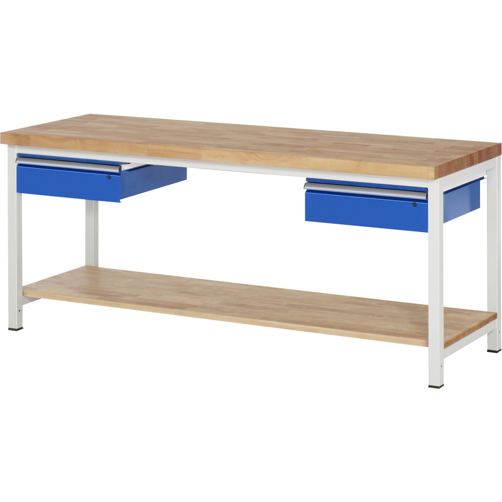 Číslo obrázka výrobku 1: Pracovný stôl RAU série 8000, v × š × h 840 – 1 040 × 2 000 × 700 mm, 2 zásuv., 1 odkladacie dno z bukového masívu, s hĺbkou 557 mm