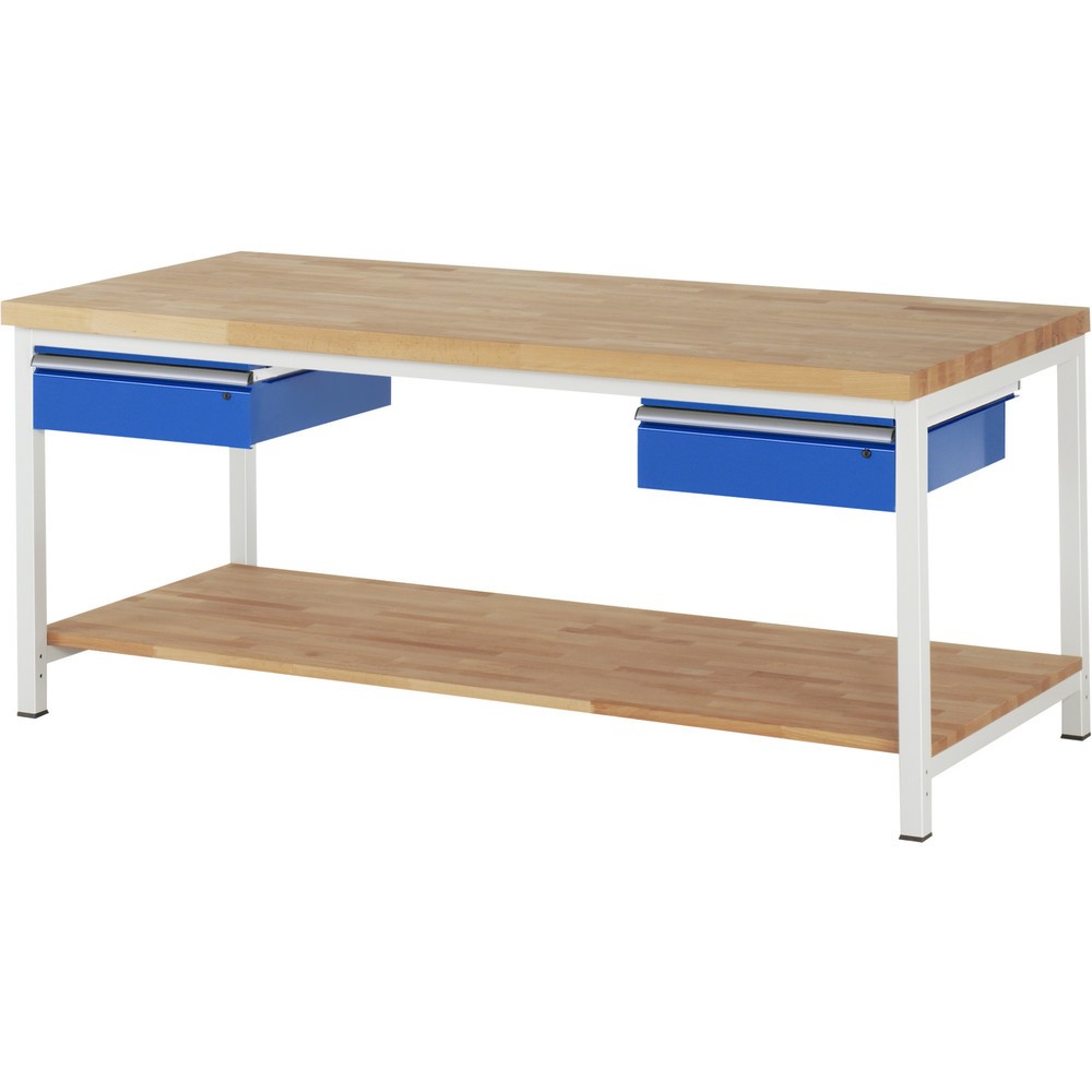 Obrázok výrobku: Pracovný stôl RAU série 8000, v × š × h 840 – 1 040 × 2 000 × 900 mm, 2 zásuv., 1 odkladacie dno z bukového masívu, s hĺbkou 757 mm