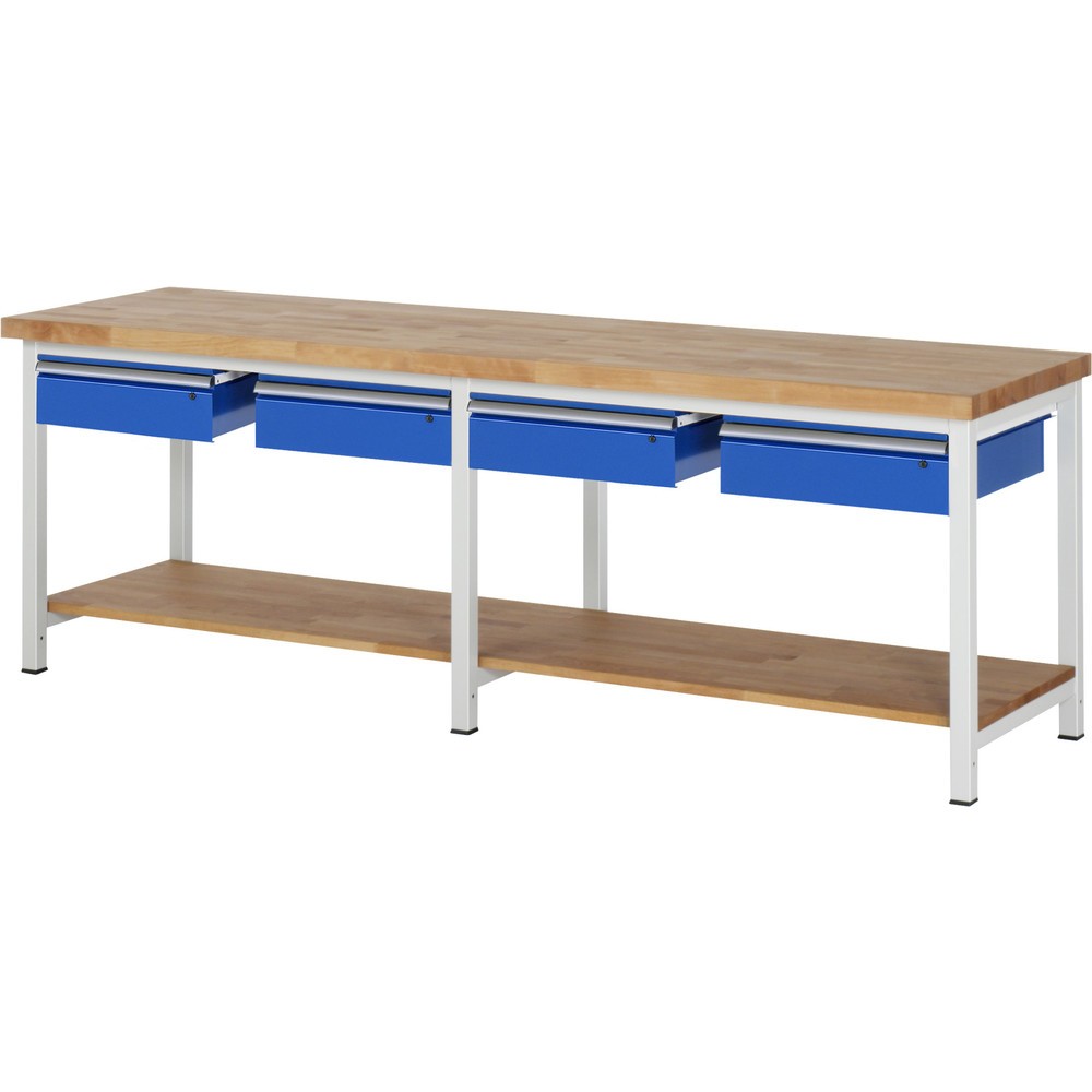 Obrázok výrobku: Pracovný stôl RAU série 8000, v × š × h 840 × 2 500 × 700 mm, 4 zásuv., 1 odkladacie dno z bukového masívu, hĺbka 557 mm