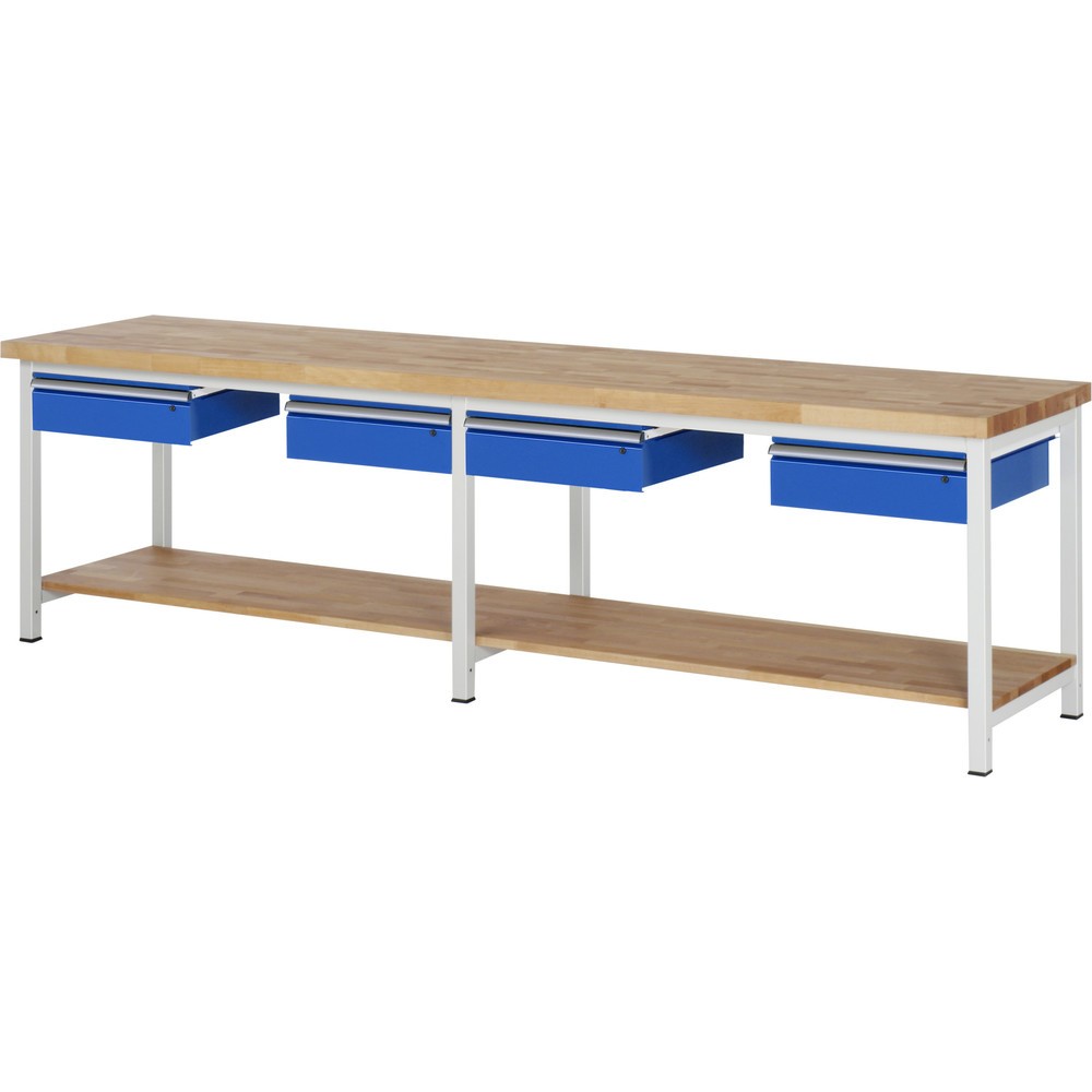 Pracovný stôl RAU série 8000, v × š × h 840 × 3 000 × 700 mm, 4 zásuv., 1 odkladacie dno z bukového masívu, hĺbka 557 mm Obrázok výrobku: Pracovný stôl RAU série 8000, v × š × h 840 × 3 000 × 700 mm, 4 zásuv., 1 odkladacie dno z bukového masívu, hĺbka 557 mm