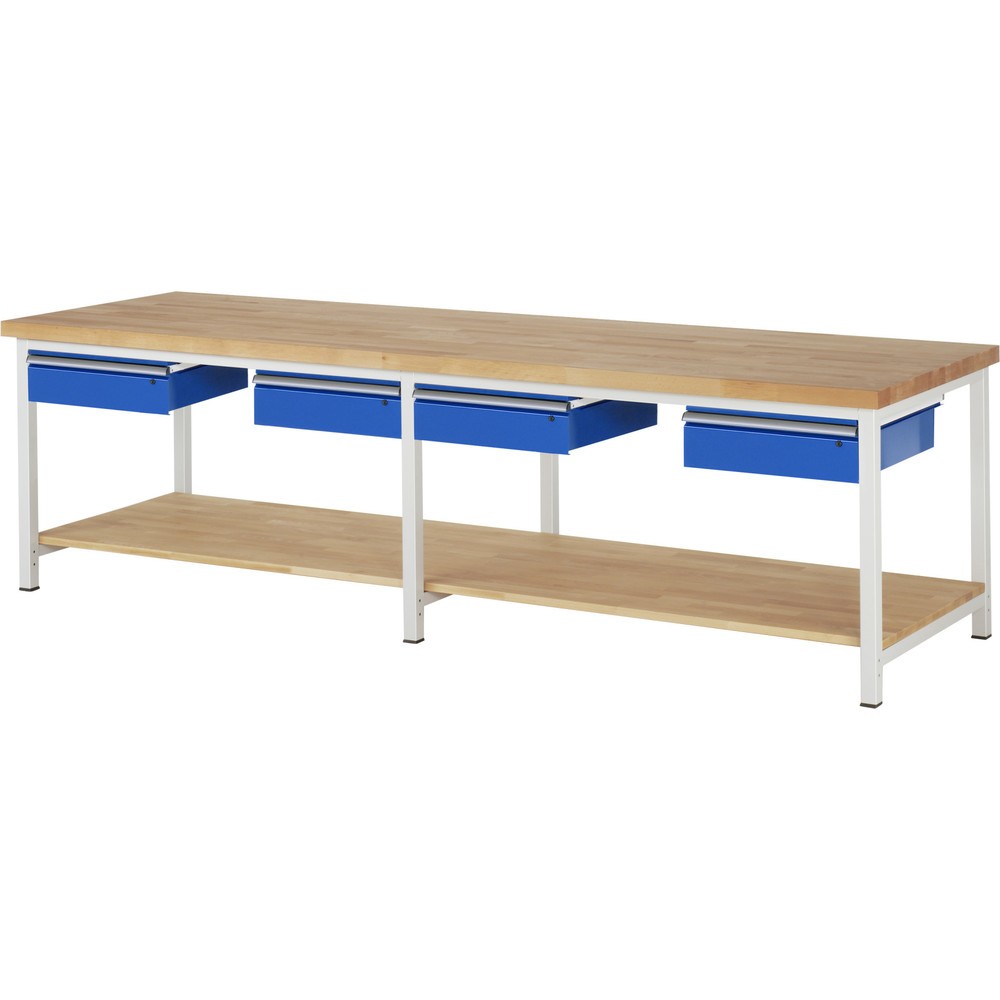 Číslo obrázka výrobku 1: Pracovný stôl RAU série 8000, v × š × h 840 – 1 040 × 3 000 × 900 mm, 4 zásuv., 1 odkladacie dno z bukového masívu, s hĺbkou 757 mm