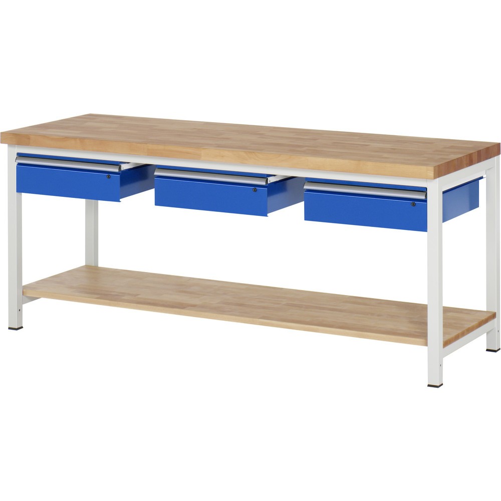 Číslo obrázka výrobku 1: Pracovný stôl RAU série 8000, v × š × h 840 – 1 040 × 2 000 × 700 mm, 3 zásuv., 1 odkladacie dno z bukového masívu, s hĺbkou 557 mm