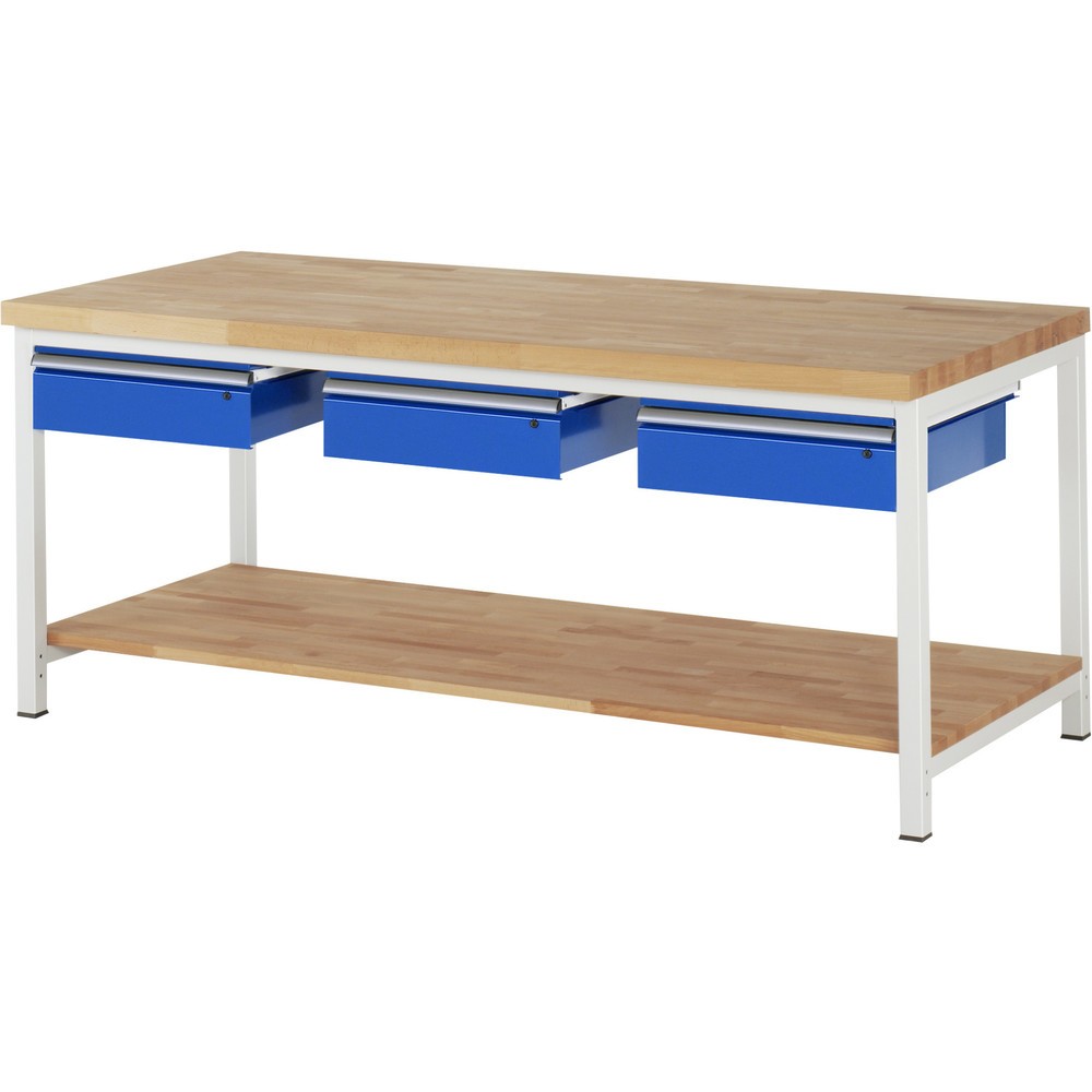 Pracovný stôl RAU série 8000, v × š × h 840 × 2 000 × 900 mm, 3 zásuv., 1 odkladacie dno z bukového masívu, s hĺbkou 757 mm Obrázok výrobku: Pracovný stôl RAU série 8000, v × š × h 840 × 2 000 × 900 mm, 3 zásuv., 1 odkladacie dno z bukového masívu, s hĺbkou 757 mm