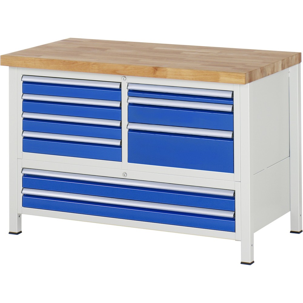 Číslo obrázka výrobku 1: Pracovný stôl RAU série 8000, 1 trojitý kontajner, v × š × h 840 – 1 040 × 1 250 × 700 mm, 7 L + 2 XXL zásuv., s 90 % vysunutím