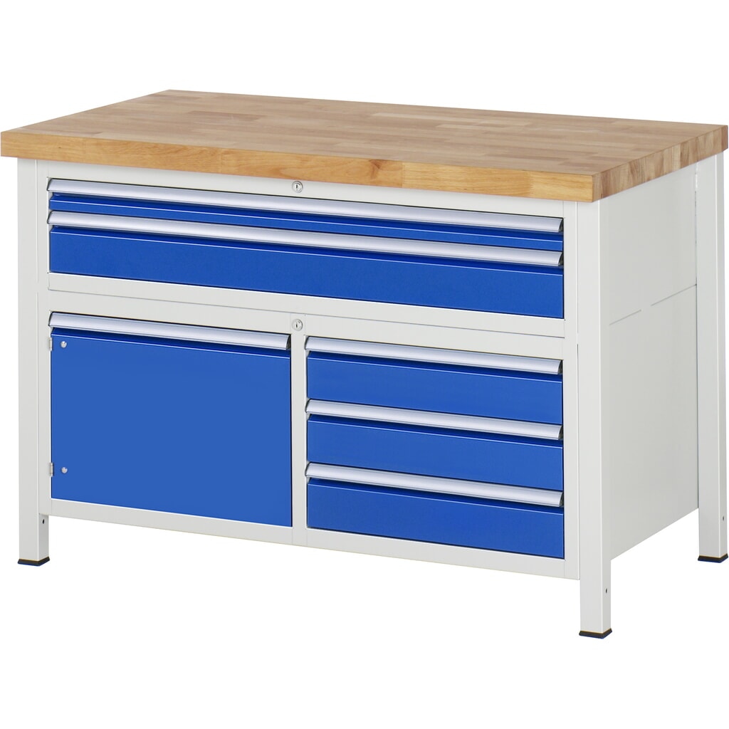 Pracovný stôl RAU série 8 000, v × š × h 840 – 1 040 × 1 250 × 700 mm, 1 trojitý podstavný kontajner, s 5 zásuvkami a 1 krídlovými dverami Obrázok výrobku: Pracovný stôl RAU série 8 000, v × š × h 840 – 1 040 × 1 250 × 700 mm, 1 trojitý podstavný kontajner, s 5 zásuvkami a 1 krídlovými dverami