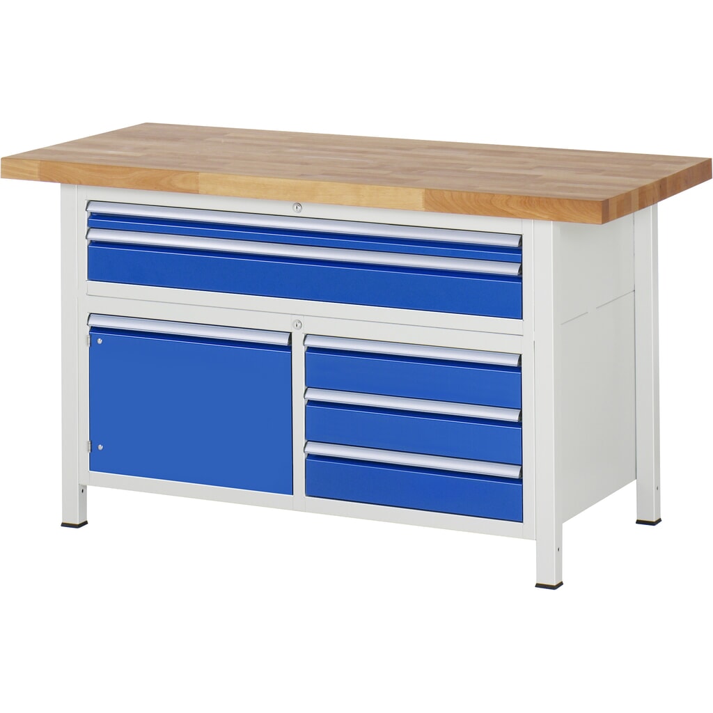 Pracovný stôl RAU série 8 000, v × š × h 840 – 1 040 × 1 500 × 700 mm, 1 trojitý podstavný kontajner, s 5 zásuvkami a 1 krídlovými dverami Obrázok výrobku: Pracovný stôl RAU série 8 000, v × š × h 840 – 1 040 × 1 500 × 700 mm, 1 trojitý podstavný kontajner, s 5 zásuvkami a 1 krídlovými dverami
