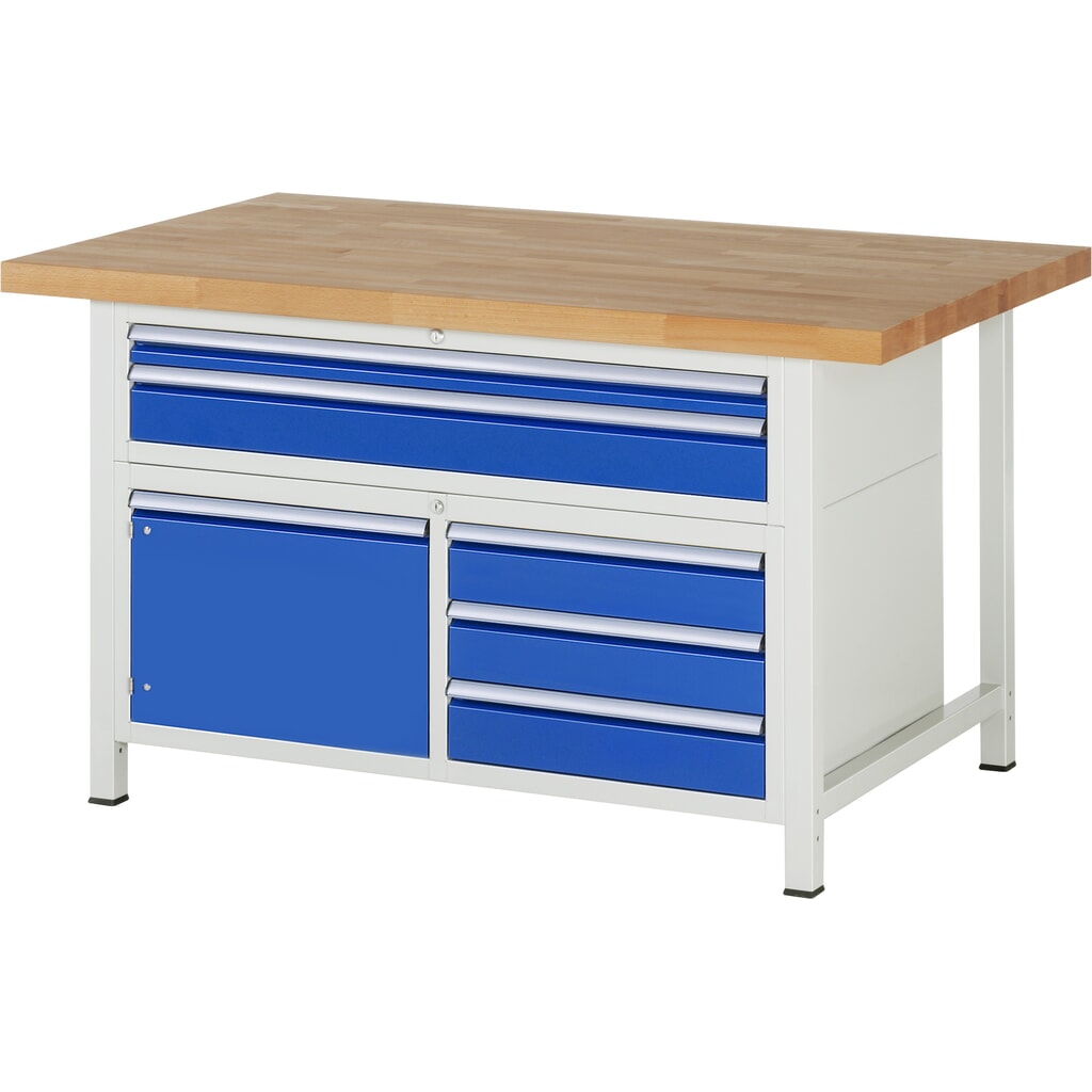 Pracovný stôl RAU série 8 000, v × š × h 840 – 1 040 × 1 500 × 900 mm, 1 trojitý podstavný kontajner, s 5 zásuvkami a 1 krídlovými dverami Obrázok výrobku: Pracovný stôl RAU série 8 000, v × š × h 840 – 1 040 × 1 500 × 900 mm, 1 trojitý podstavný kontajner, s 5 zásuvkami a 1 krídlovými dverami