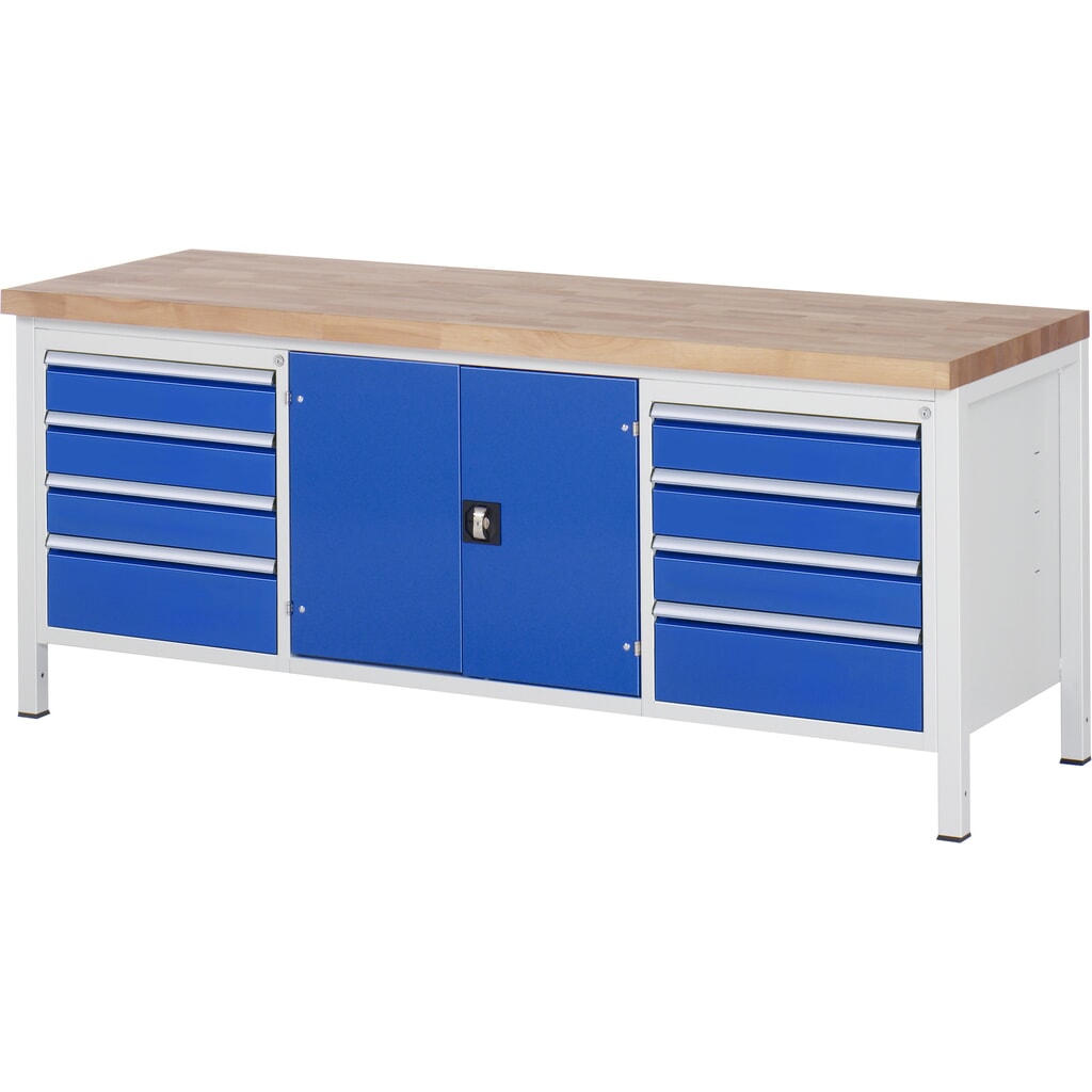 Pracovný stôl RAU série 8 000, v × š × h 840 – 1 040 × 2 000 × 700 mm, 1 trojitý podstavný kontajner, s 8 zásuvkami a 1 priečinkom na náradie Číslo obrázka výrobku 1: Pracovný stôl RAU série 8 000, v × š × h 840 – 1 040 × 2 000 × 700 mm, 1 trojitý podstavný kontajner, s 8 zásuvkami a 1 priečinkom na náradie