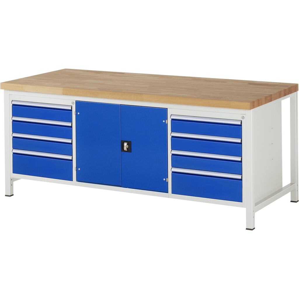 Číslo obrázka výrobku 1: Pracovný stôl RAU série 8 000, v × š × h 840 – 1 040 × 2 000 × 900 mm, 1 trojitý podstavný kontajner, s 8 zásuvkami a 1 priečinkom na náradie
