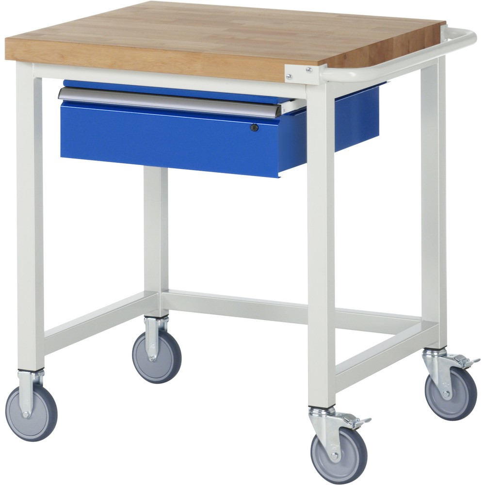 Obrázok výrobku: Mobilný pracovný stôl RAU série 8000, v × š × h 880 – 1 080 × 750 × 700 mm, 1 zásuvka, 1 × 150 mm, nosnosť zásuv. 50 kg