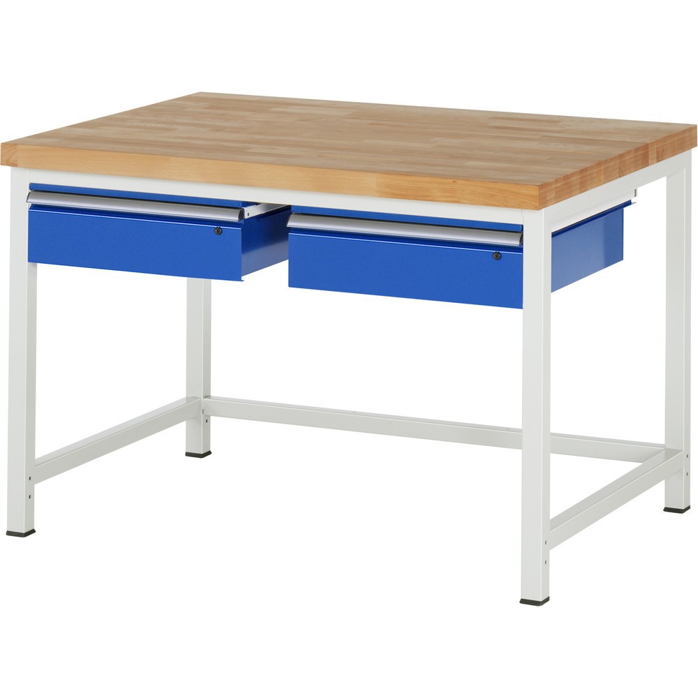 Číslo obrázka výrobku 1: Pracovný stôl RAU série 8000, v × š × h 840 – 1 040 × 1 250 × 900 mm, 2 zásuv., nosnosť zásuv. 50 kg