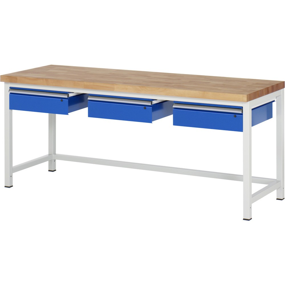 Číslo obrázka výrobku 1: Pracovný stôl RAU série 8000, v × š × h 840 – 1 040 × 2 000 × 700 mm, 3 zásuv., nosnosť zásuv. 50 kg