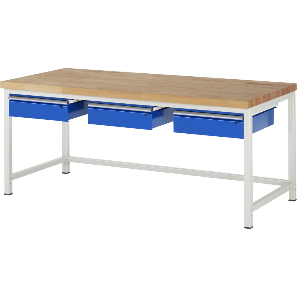 Obrázok výrobku: Pracovný stôl RAU série 8000, v × š × h 840 – 1 040 × 2 000 × 900 mm, 3 zásuv., nosnosť zásuv. 50 kg
