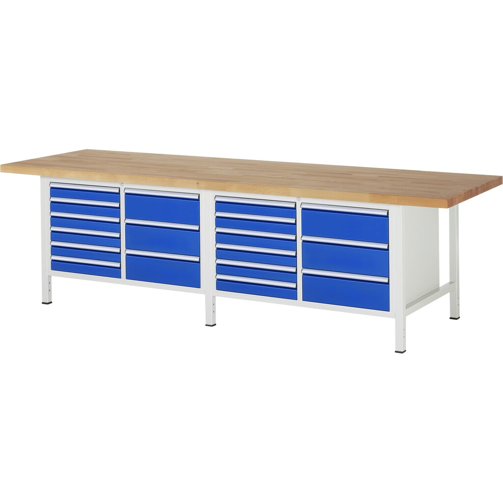 Obrázok výrobku: Pracovný stôl RAU série 8 000, v × š × h 840 – 1 040 × 3 000 × 900 mm, 2 dvojitý podstavný kontajner, so 9 zásuvkami